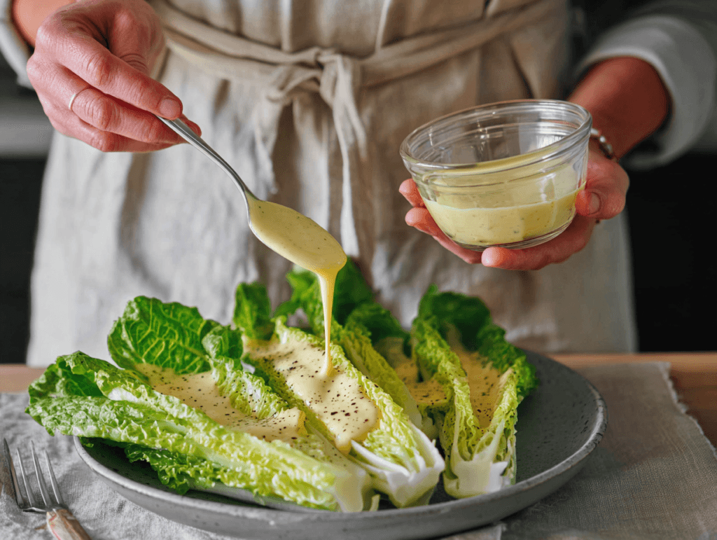 Dairy-Free Healthy Caesar Salad Recipe (Creamy, Light, No Dairy) 2 Dairy-Free Healthy Caesar dressing drizzled over romaine lettuce on a plate