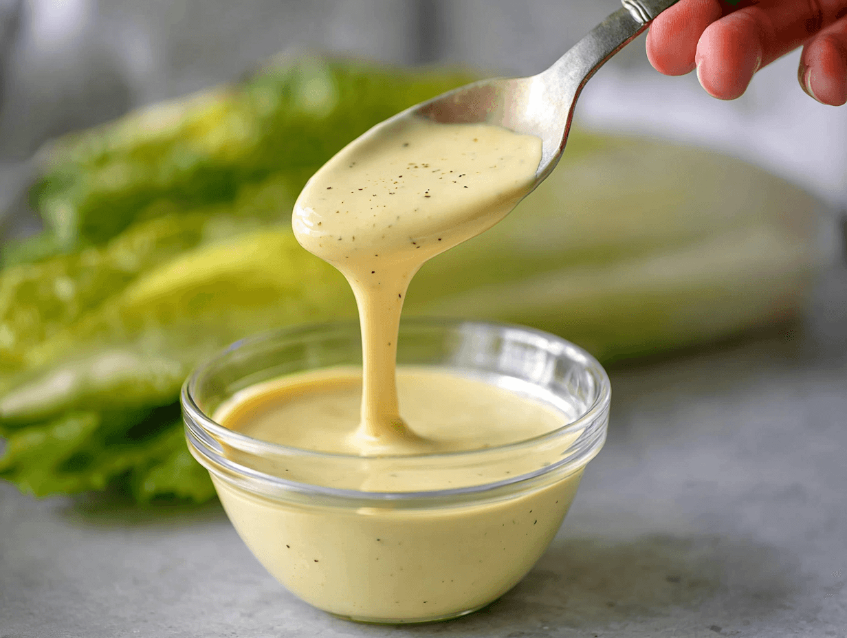 Dairy-Free Healthy Caesar Salad Recipe (Creamy, Light, No Dairy) 3 Dairy-Free Healthy Caesar dressing dripping from spoon into glass bowl