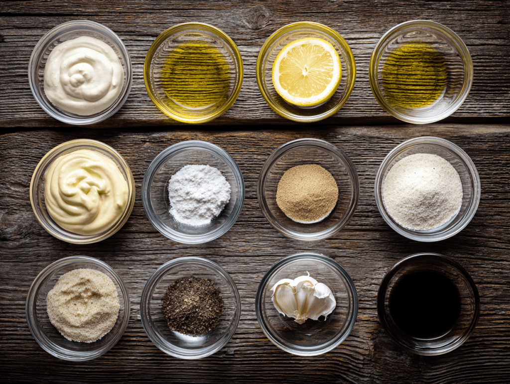 Dairy-Free Healthy Caesar Salad Recipe (Creamy, Light, No Dairy) 1 Dairy-Free Healthy Caesar dressing ingredients in glass bowls on dark wood