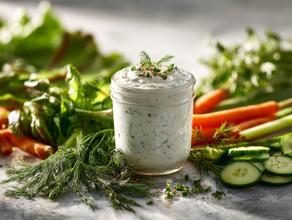 Greek yogurt ranch dressing in a glass jar with fresh herbs