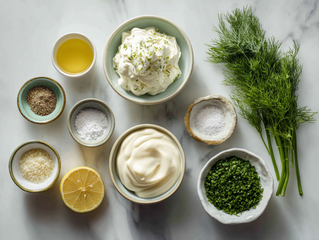 Greek Yogurt Ranch Dressing 2 ingredients for Greek yogurt ranch dressing on a marble surface