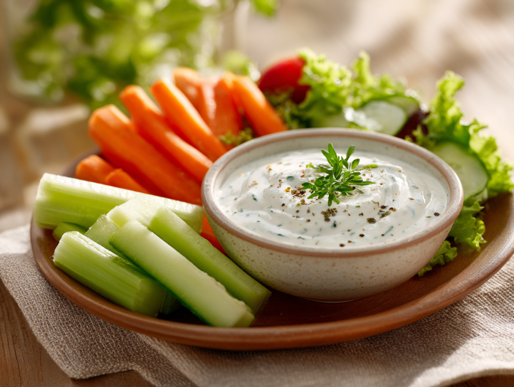 Greek Yogurt Ranch Dressing 3 Greek yogurt ranch dressing served as a dip with vegetables