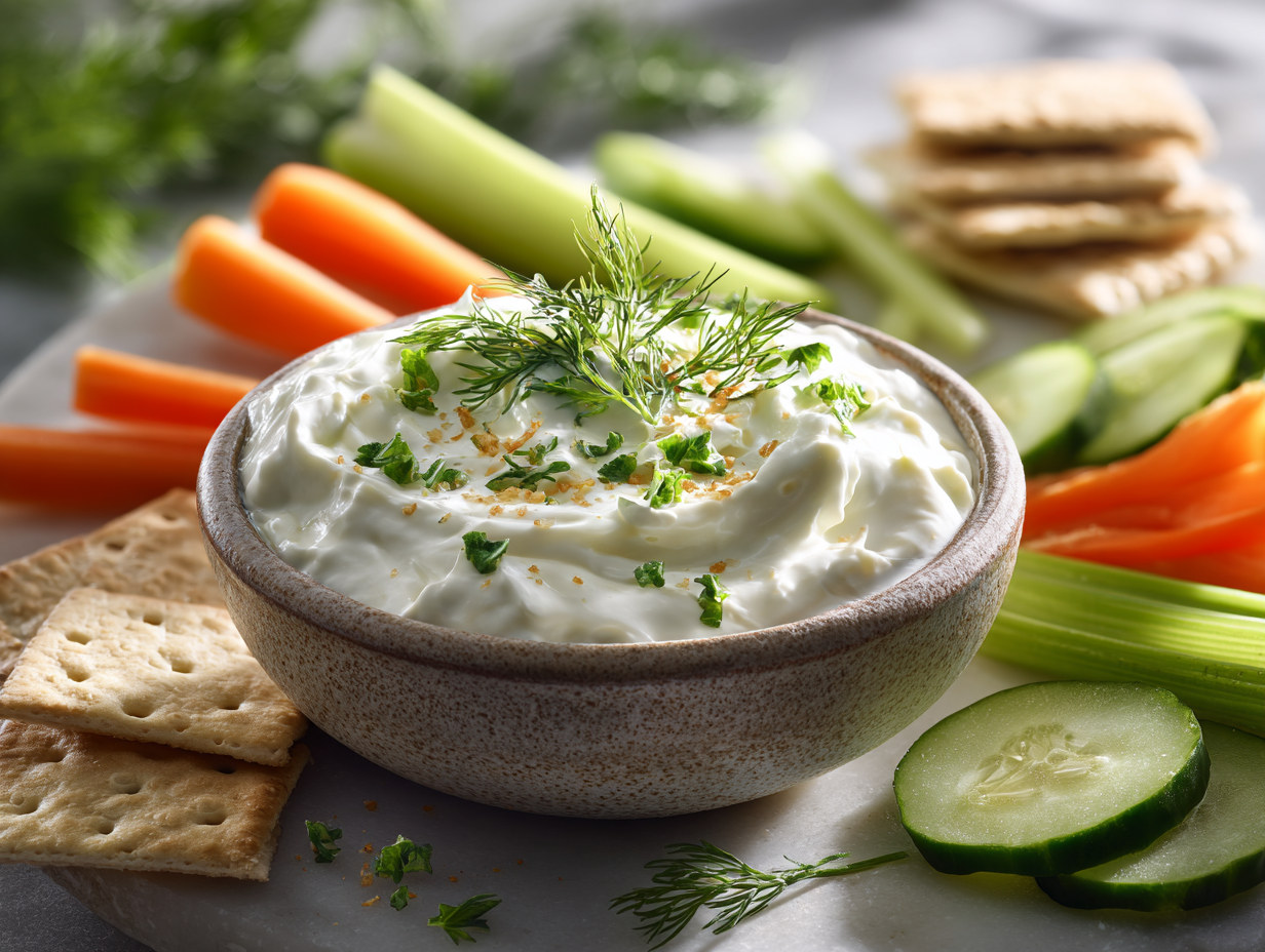 Greek Yogurt Ranch served in a bowl with fresh herbs and vegetables