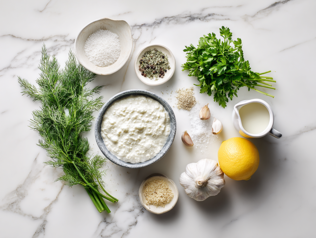 Ingredients for Greek Yogurt Ranch including Greek yogurt, herbs, lemon, and garlic