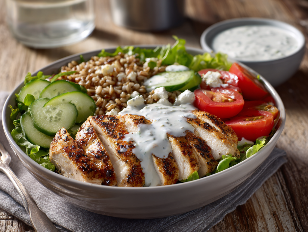 Greek Yogurt Ranch served over a chicken bowl with vegetables