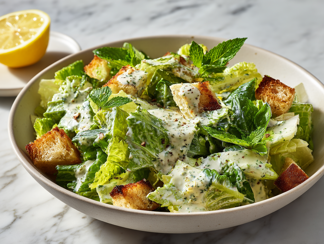 Green Goddess Caesar Hybrid salad with romaine, parmesan, and herby dressing