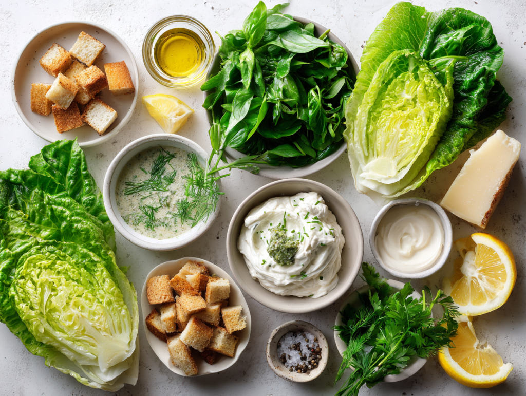 Ingredients for Green Goddess Caesar Hybrid arranged on a kitchen counter