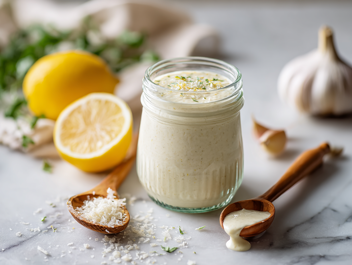 Healthy Caesar Dressing Recipe 5 Healthy Caesar dressing in a jar with lemon and Parmesan