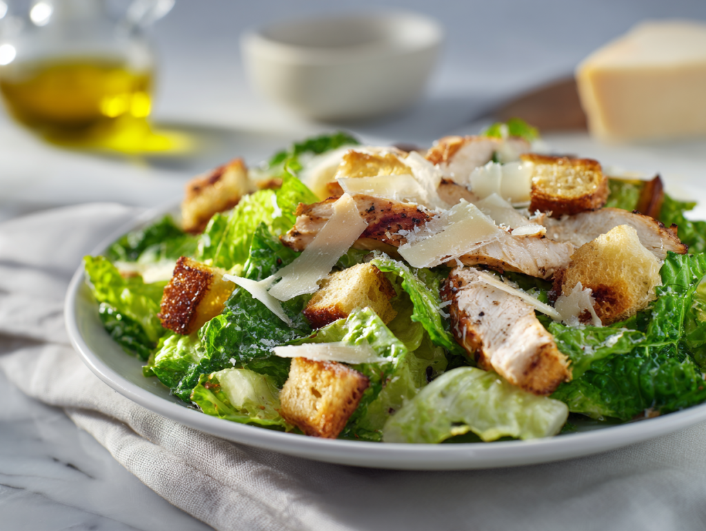 Healthy Caesar Dressing Recipe 3 Healthy Caesar dressing served over romaine salad with chicken
