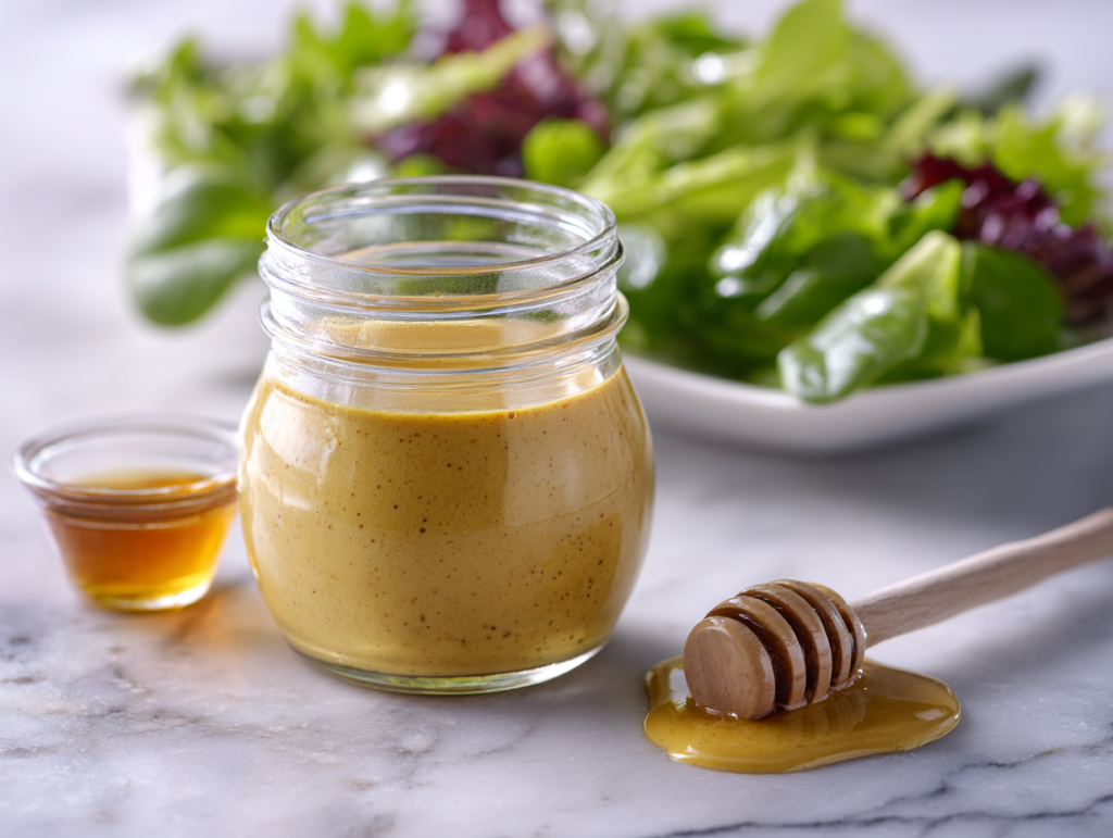 Healthy honey mustard dressing in a glass jar with salad greens