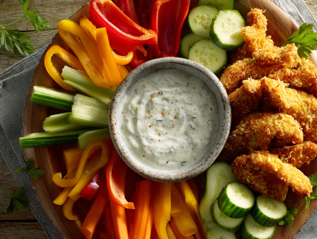 Homemade Buttermilk Ranch Dressing: Creamy, Fresh, and Easy 3 homemade buttermilk ranch dressing served with vegetables and chicken