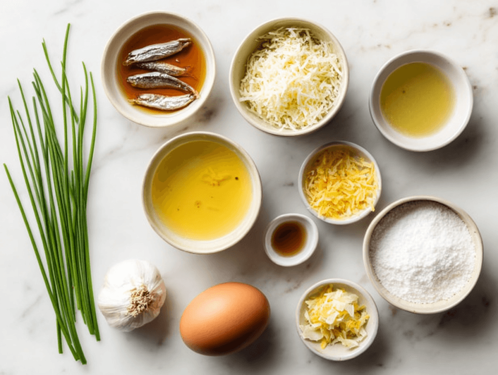 Keto Caesar Dressing Recipe (Creamy, 5-Minute, Low Carb) 2 Keto Caesar Dressing ingredients laid out on marble