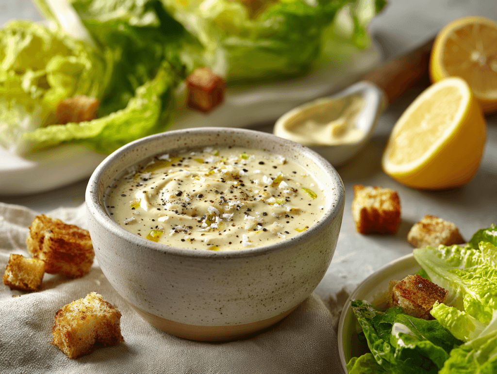 Lemon Dijon Caesar dressing in a bowl with lemon and parmesan
