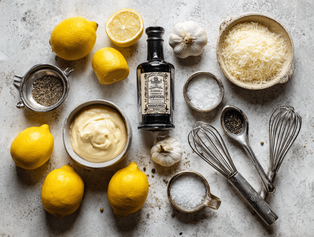 Lemon Dijon Caesar Dressing (Creamy, Bright, Restaurant-Style at Home) 2 Ingredients for lemon Dijon Caesar dressing laid out on a countertop