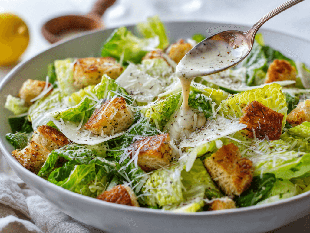 Lemon Dijon Caesar Dressing (Creamy, Bright, Restaurant-Style at Home) 3 Caesar salad served with lemon Dijon Caesar dressing drizzle
