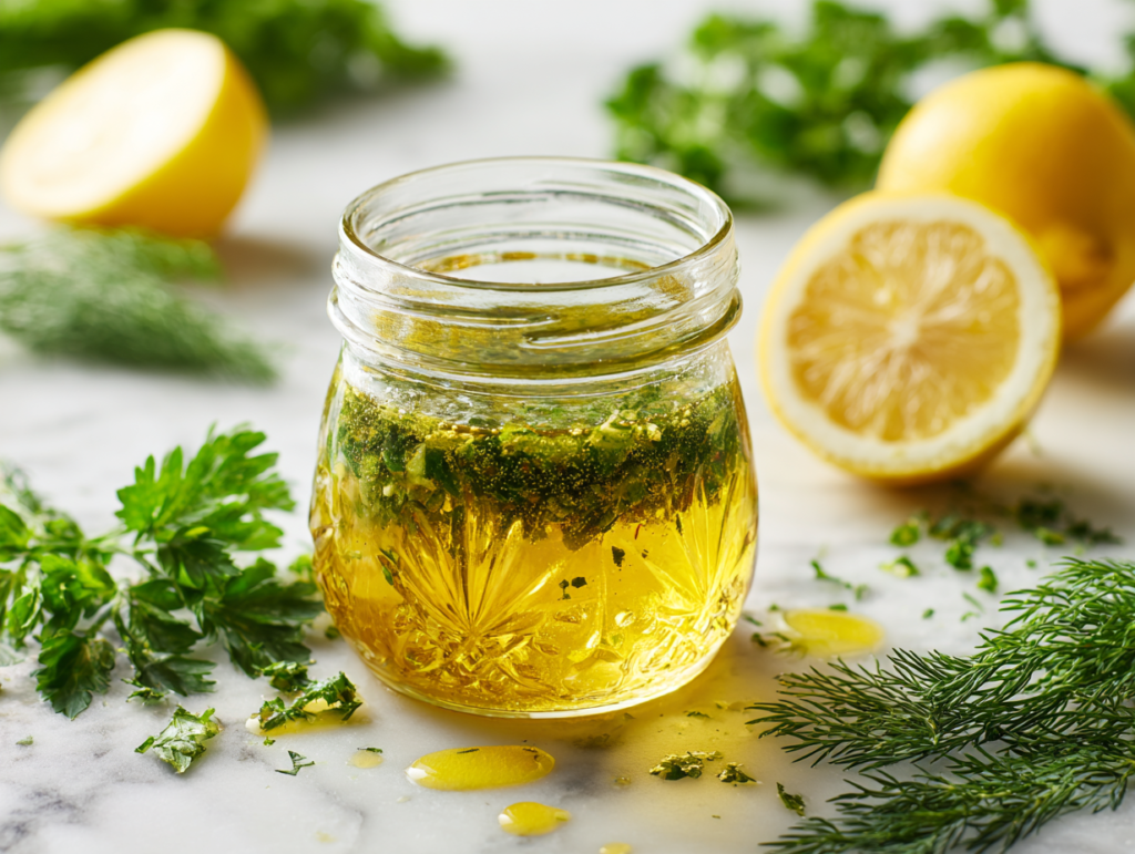 Lemon Herb Vinaigrette in a jar with fresh lemon and herbs