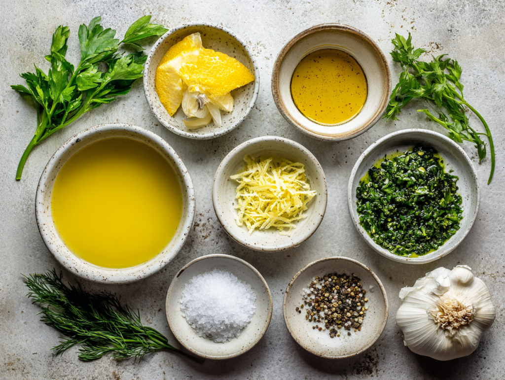 Lemon Herb Vinaigrette Recipe Easy & Fresh 2 Ingredients for Lemon Herb Vinaigrette arranged on a kitchen surface