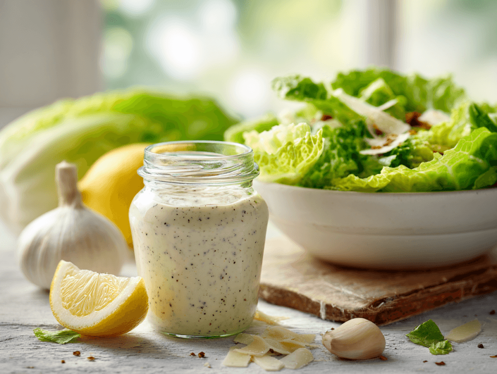 Light Caesar Dressing in a jar beside a romaine Caesar salad