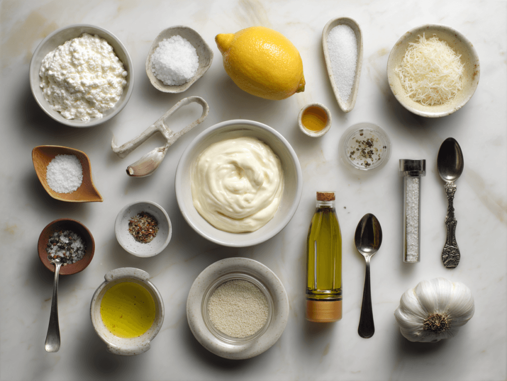 Light Caesar Dressing Recipe (Creamy, Tangy, Easy) 2 Ingredients for Light Caesar Dressing measured and ready