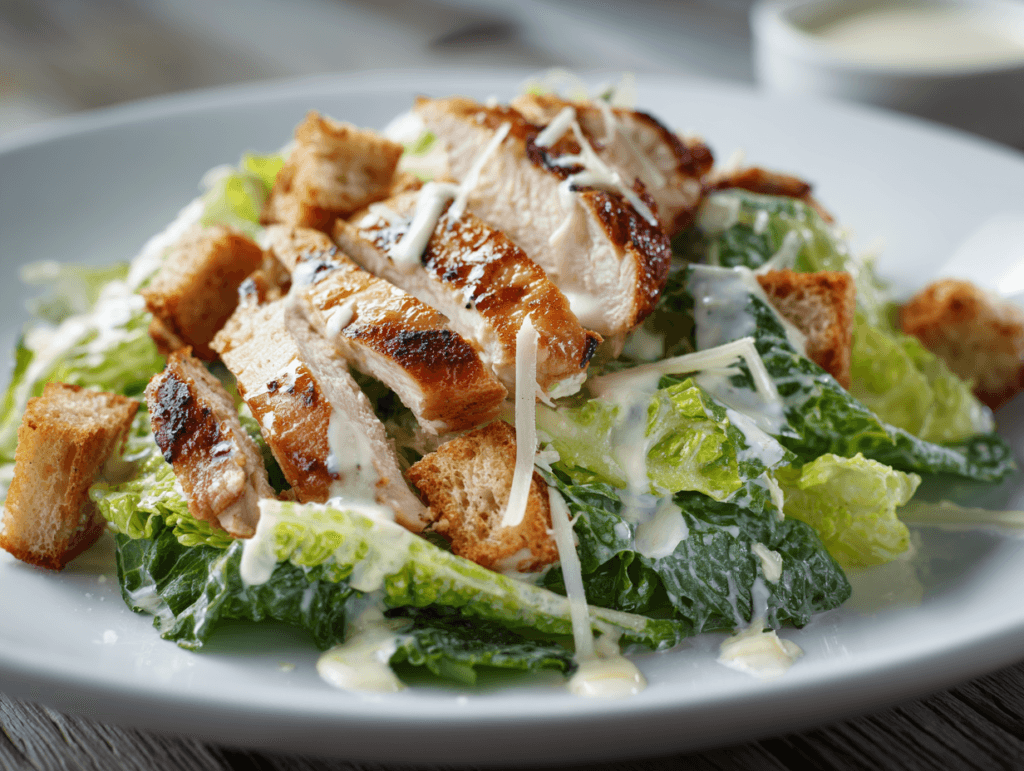Light Caesar Dressing Recipe (Creamy, Tangy, Easy) 3 Light Caesar Dressing drizzled over Caesar salad with chicken