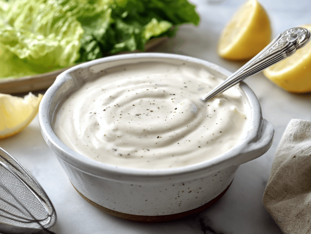 Low Sodium Caesar Dressing in a bowl with romaine and lemon