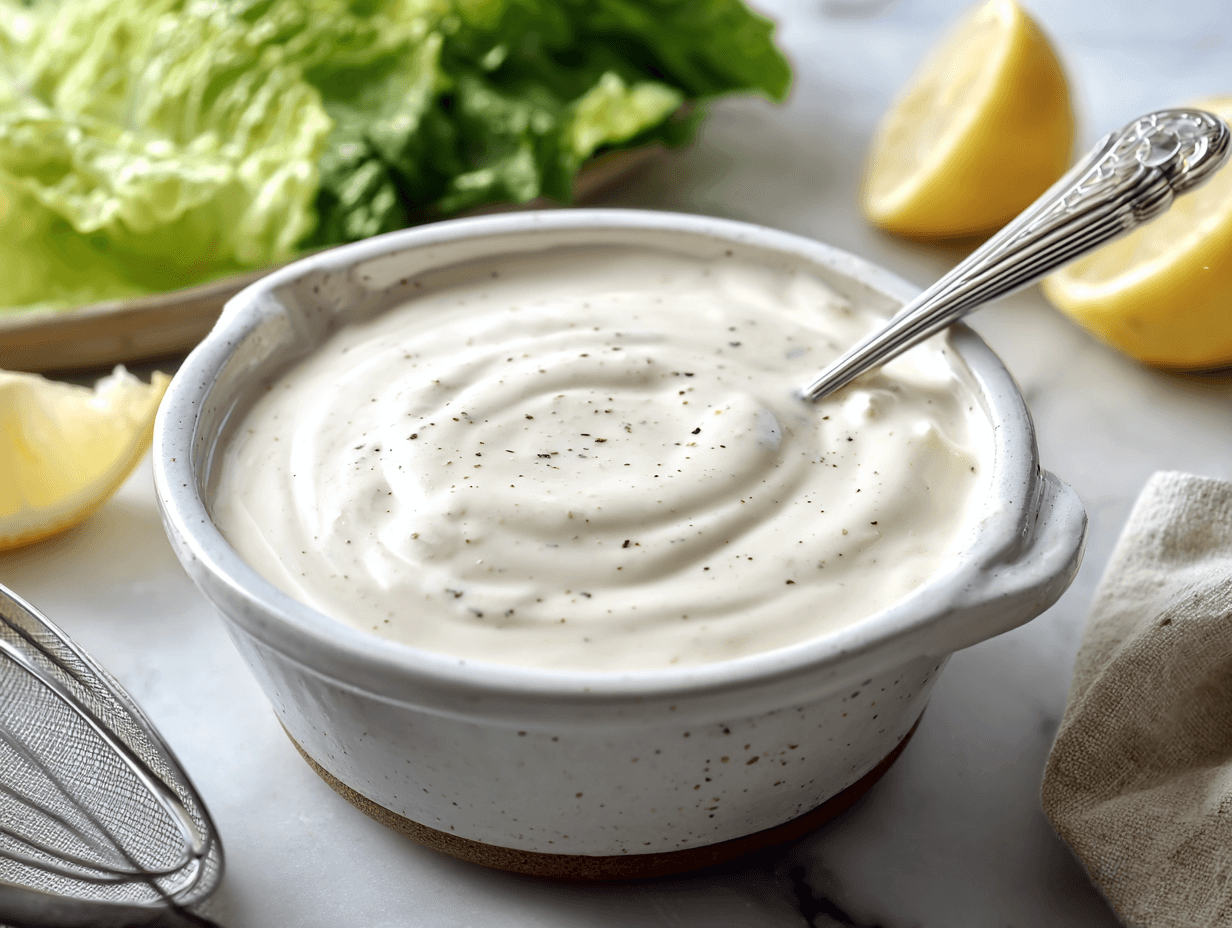 Low Sodium Caesar Dressing in a bowl with romaine and lemon