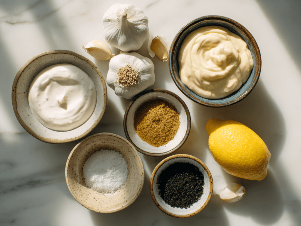 Ingredients for Low Sodium Caesar Dressing laid out overhead