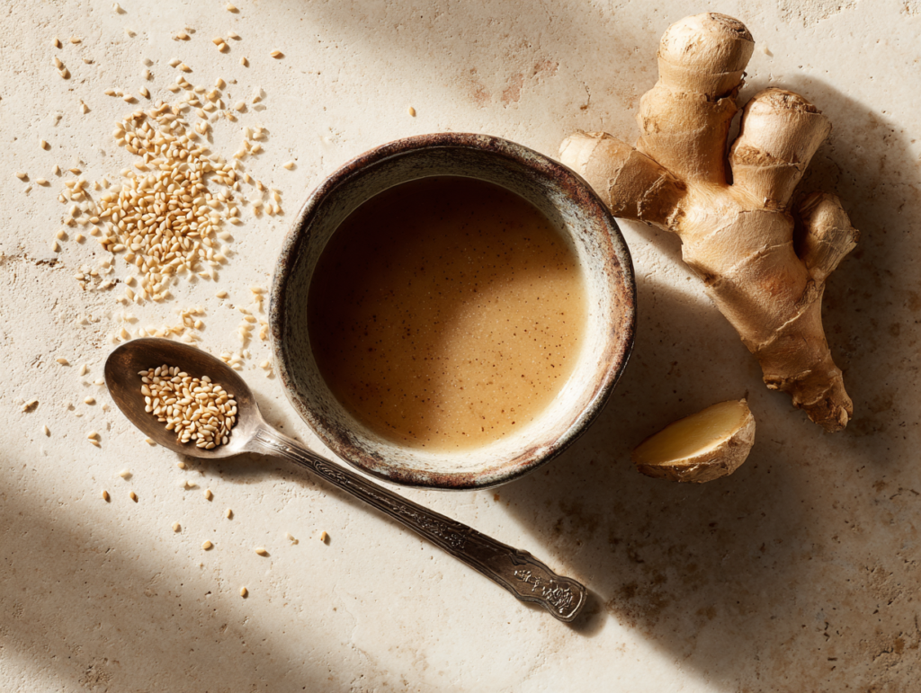 miso ginger dressing in a ceramic bowl with fresh ginger
