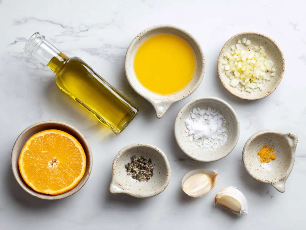 Ingredients for orange vinaigrette recipe arranged on a marble surface