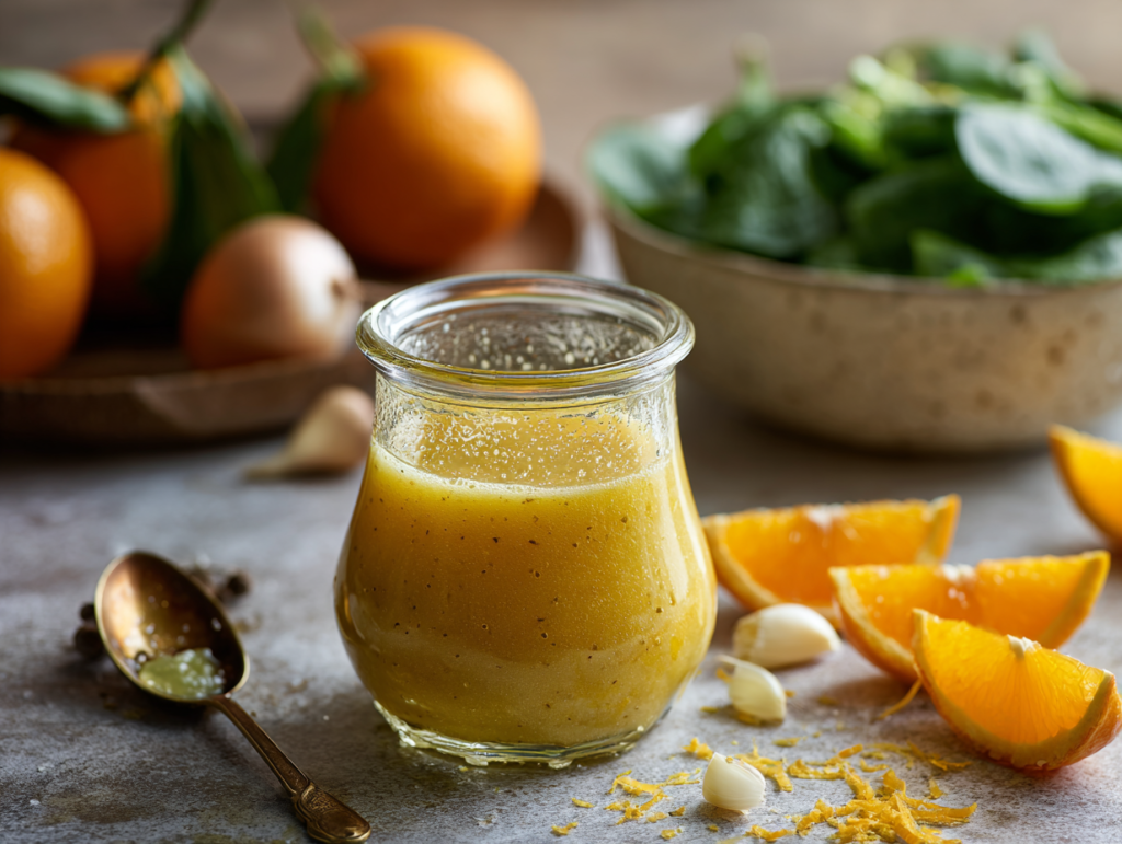 Orange vinaigrette recipe in a glass jar with fresh oranges and salad greens