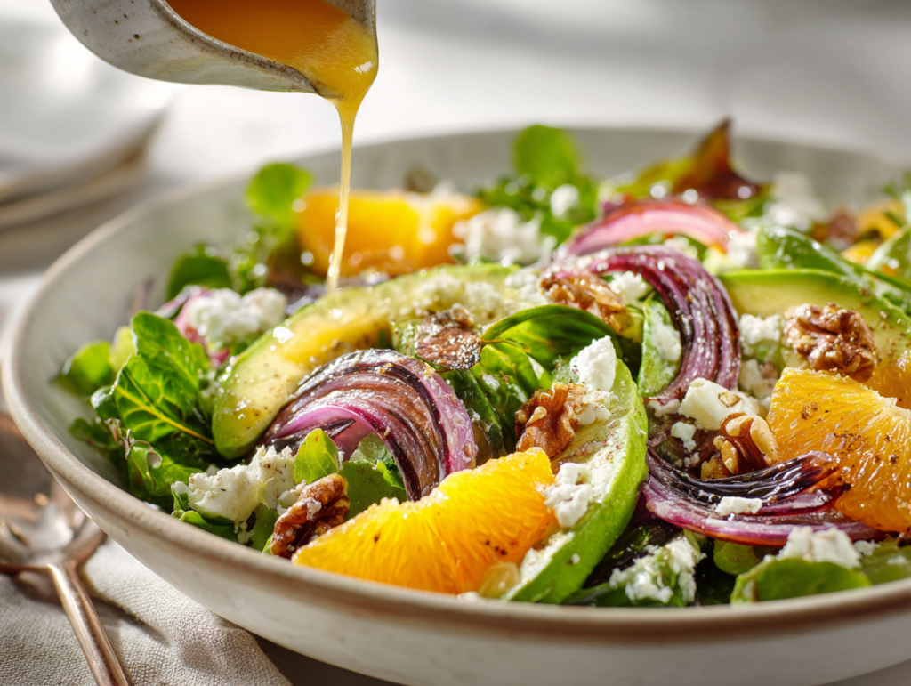 Orange vinaigrette drizzled over a fresh winter salad