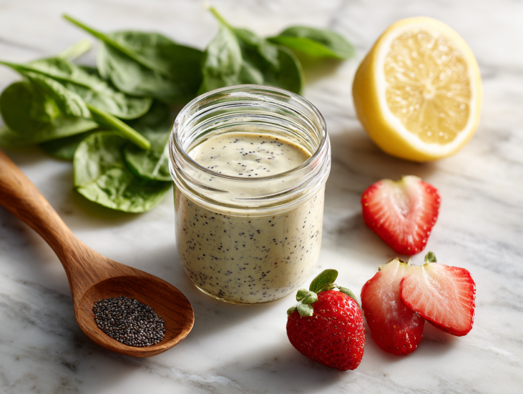 poppy seed dressing in a glass jar with spinach and strawberries