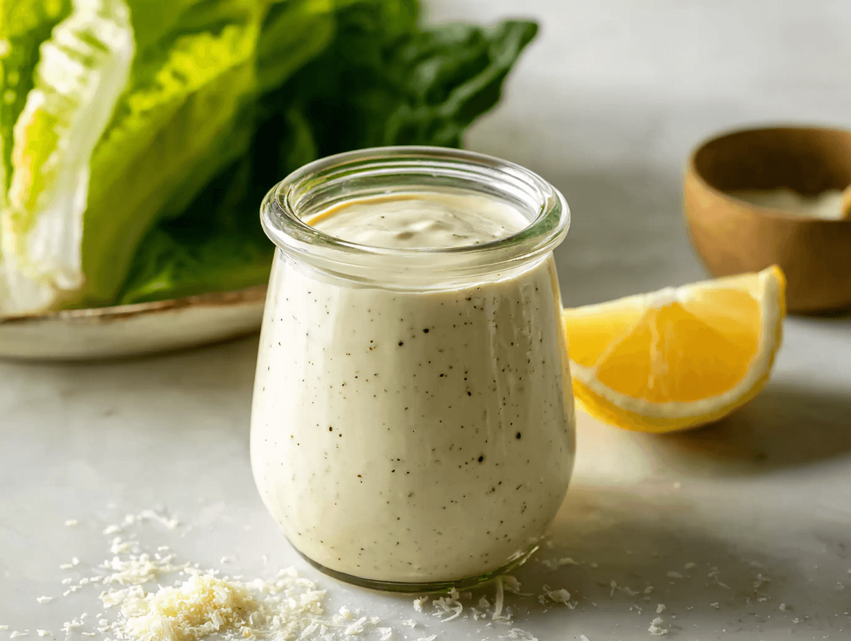 Protein Caesar Dressing That Tastes Better Than Store-Bought 5 Protein Caesar Dressing in a jar with lemon and parmesan