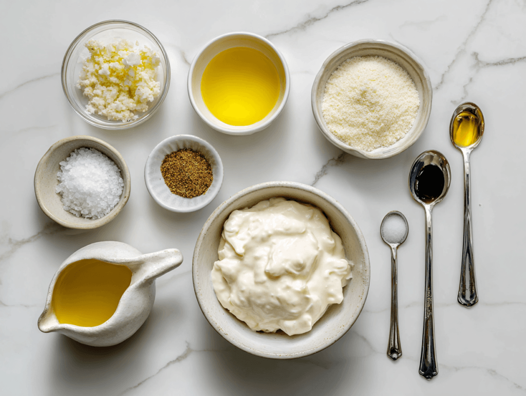 Protein Caesar Dressing That Tastes Better Than Store-Bought 2 Protein Caesar Dressing ingredients measured on a counter