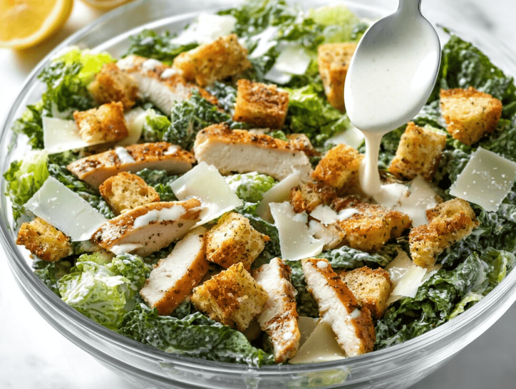 Protein Caesar Dressing That Tastes Better Than Store-Bought 4 Protein Caesar Dressing served on chicken Caesar salad