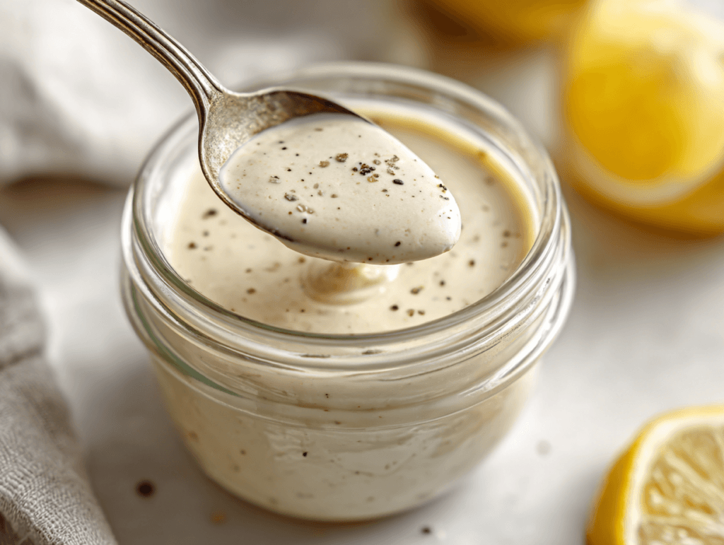 Protein Caesar Dressing That Tastes Better Than Store-Bought 3 Protein Caesar Dressing in a jar with a spoonful on top