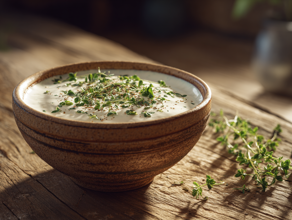 ranch dressing from scratch in bowl with fresh herbs