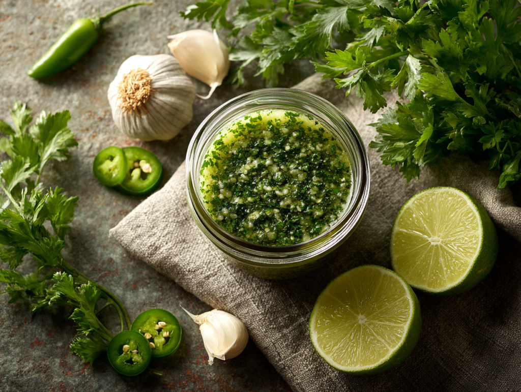 Salsa verde dressing in a glass jar with fresh herbs and lime