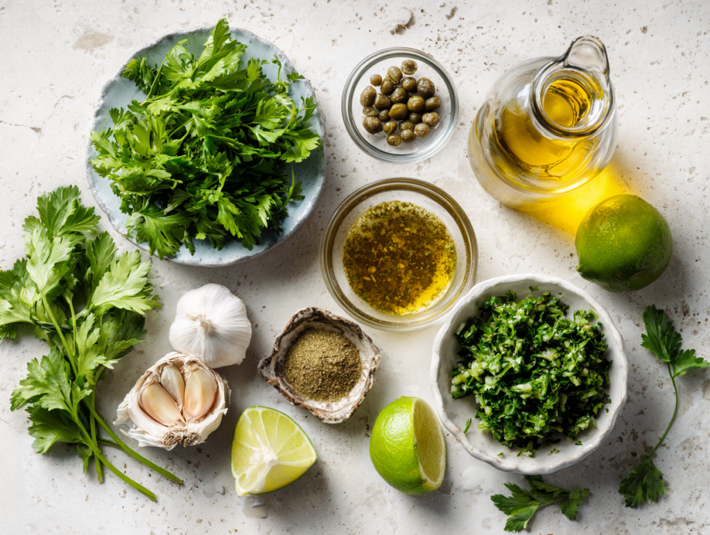Salsa verde dressing ingredients with parsley cilantro lime and olive oil
