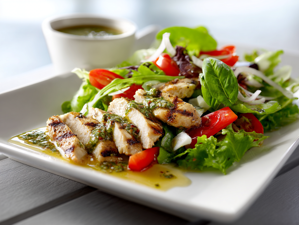Salsa verde dressing served over salad and grilled chicken