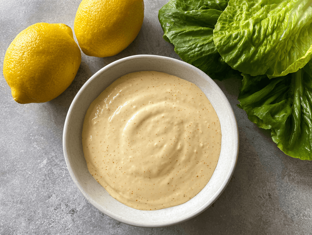 Spicy Caesar Dressing in a white bowl with lemons and romaine lettuce