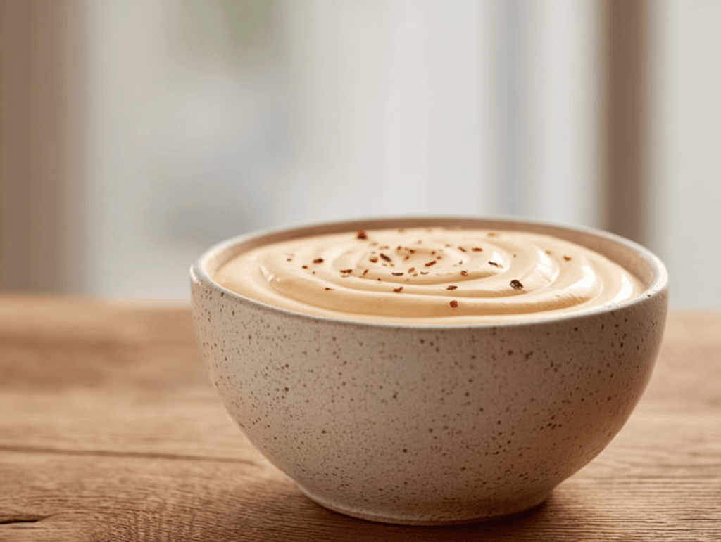 Spicy Caesar Dressing in a ceramic bowl with pepper flakes