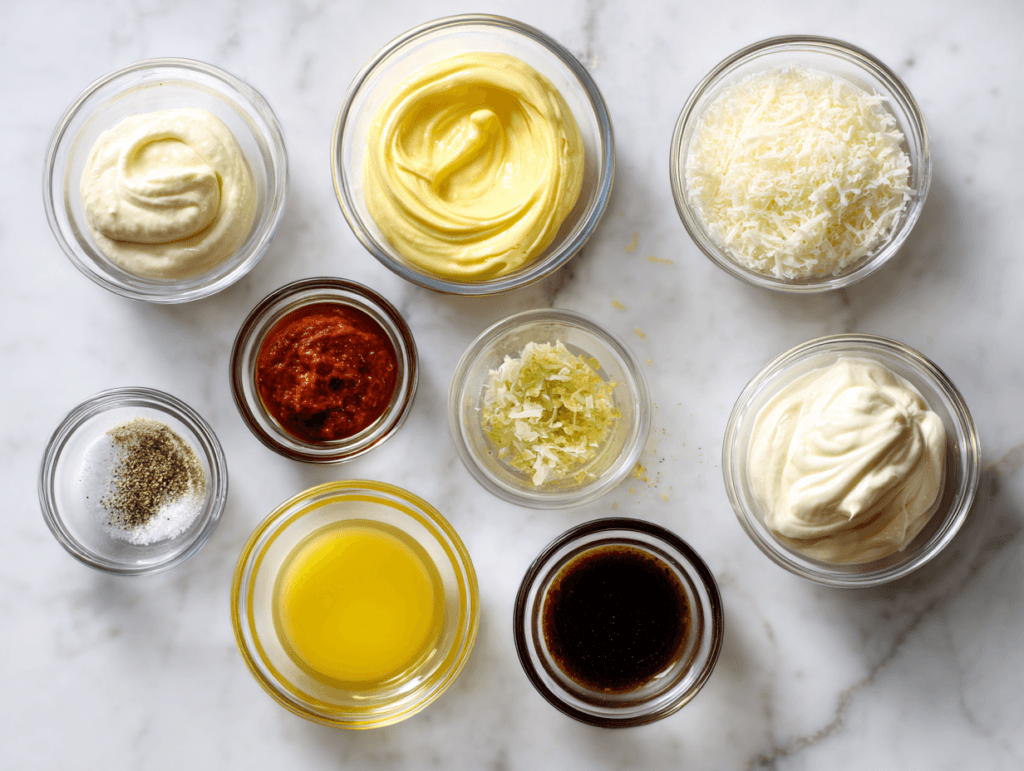 Ingredients for Spicy Caesar Dressing measured and ready