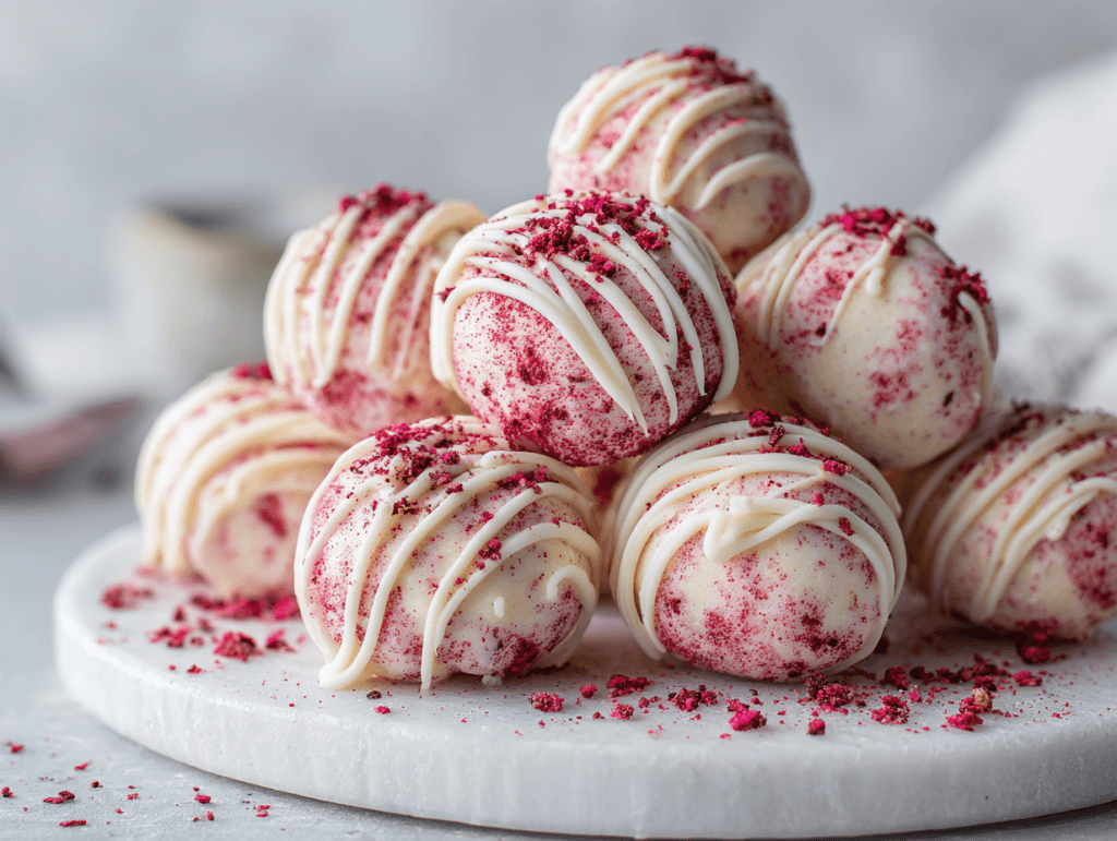 Strawberry Cheesecake Truffle Balls on a plate with strawberry powder