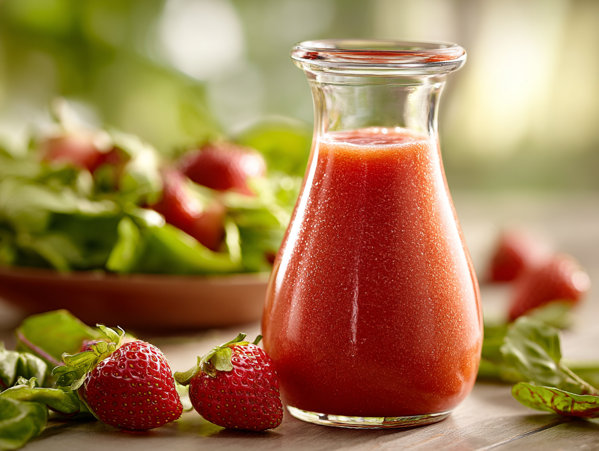 Strawberry vinaigrette in glass jar with fresh ingredients