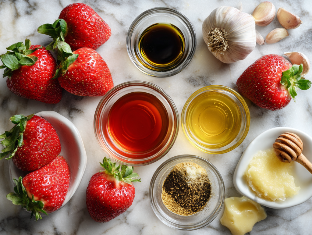 Ingredients for strawberry vinaigrette recipe laid out