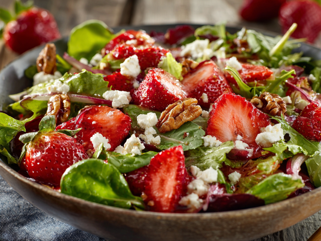 Salad served with strawberry vinaigrette dressing