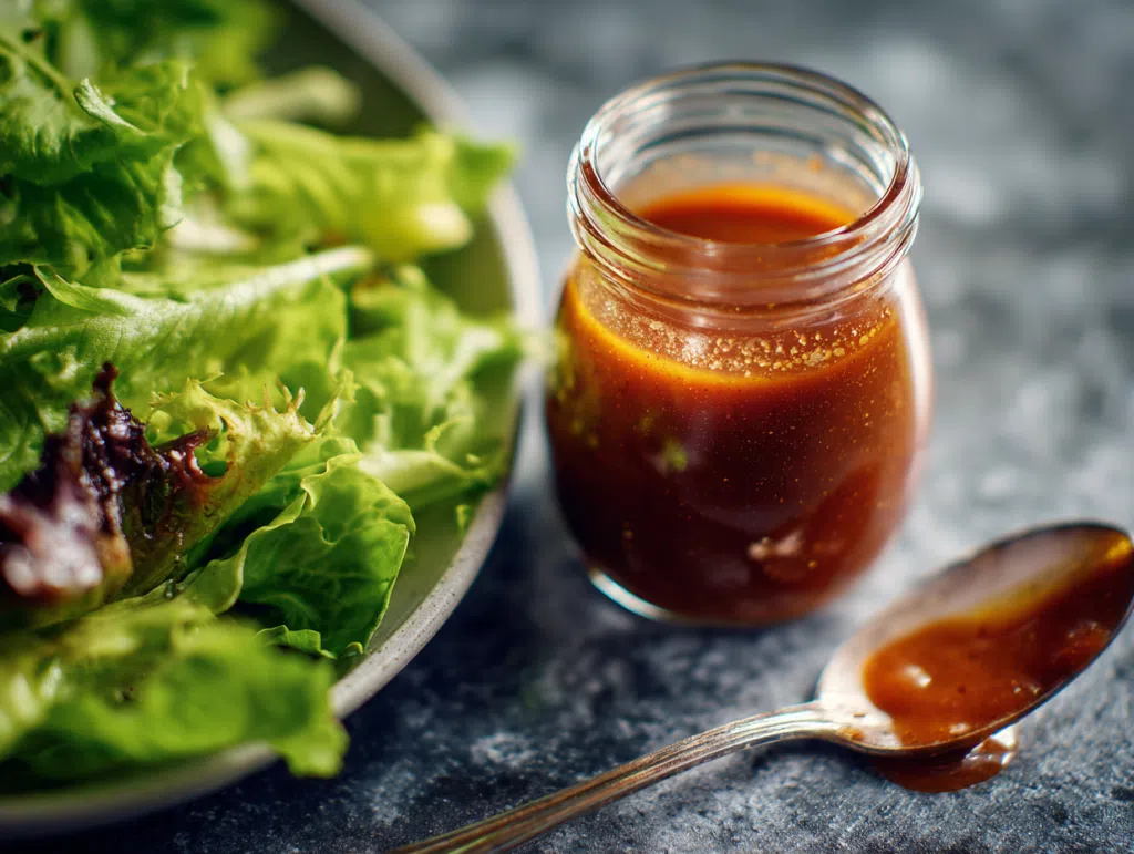 Sun-Dried Tomato Dressing in a jar beside fresh salad