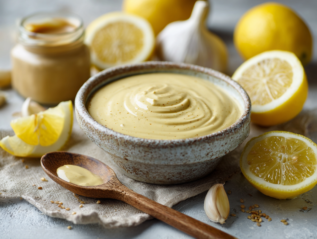 tahini lemon dressing in a bowl with fresh lemons and tahini
