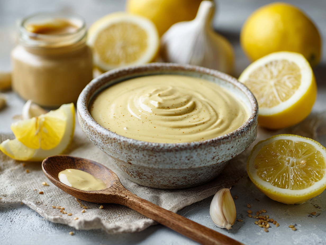 tahini lemon dressing in a bowl with fresh lemons and tahini